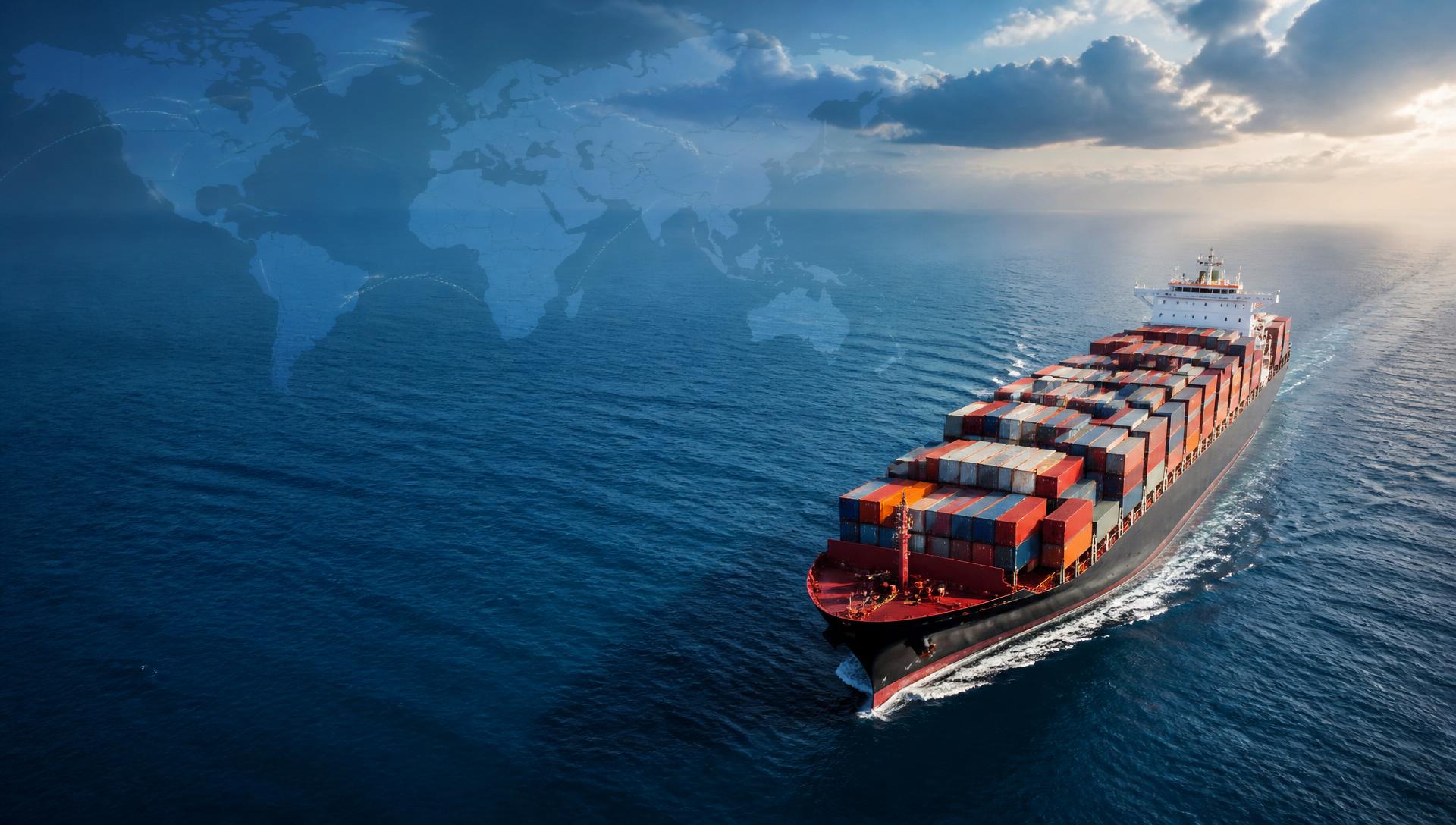 Container ship crossing the ocean along global trade routes